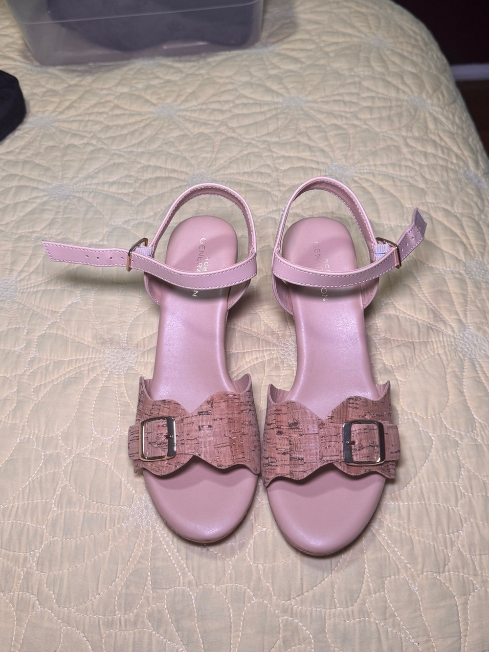 BCBGeneration Beige/Nude Cork-Accent Ankle Strap Wedges